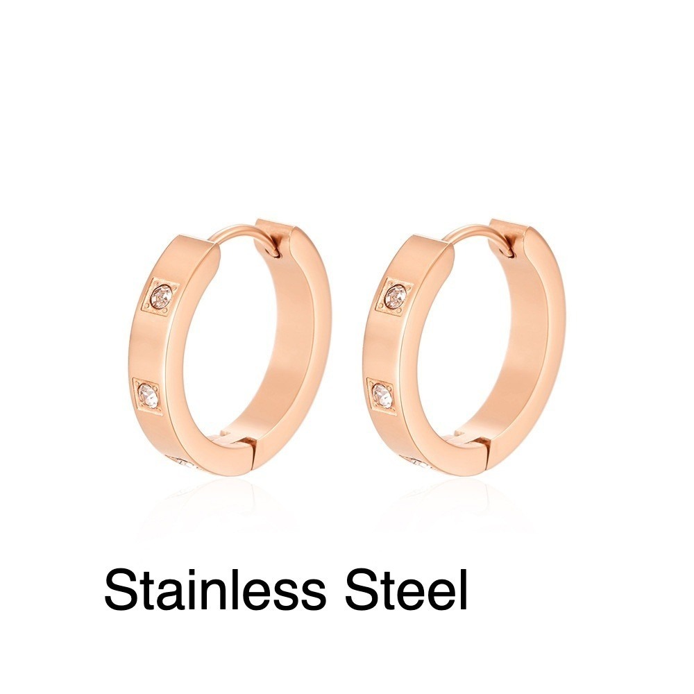 Rose Gold Stainless Steel Hoop Earrings with Crystal Accents Women - Picture 2 of 2